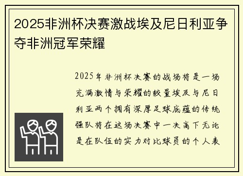 2025非洲杯决赛激战埃及尼日利亚争夺非洲冠军荣耀