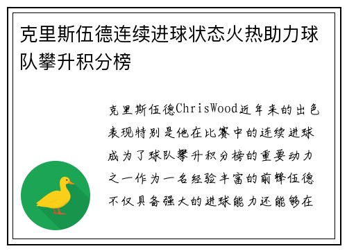 克里斯伍德连续进球状态火热助力球队攀升积分榜