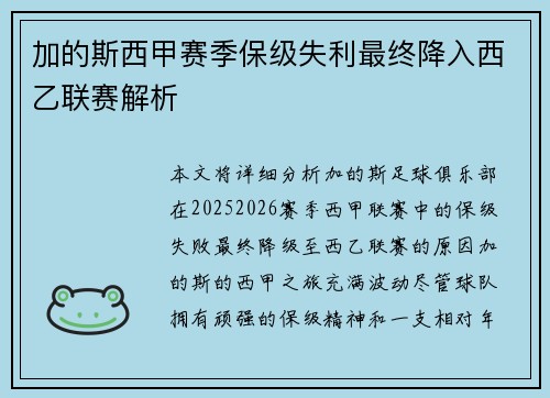 加的斯西甲赛季保级失利最终降入西乙联赛解析